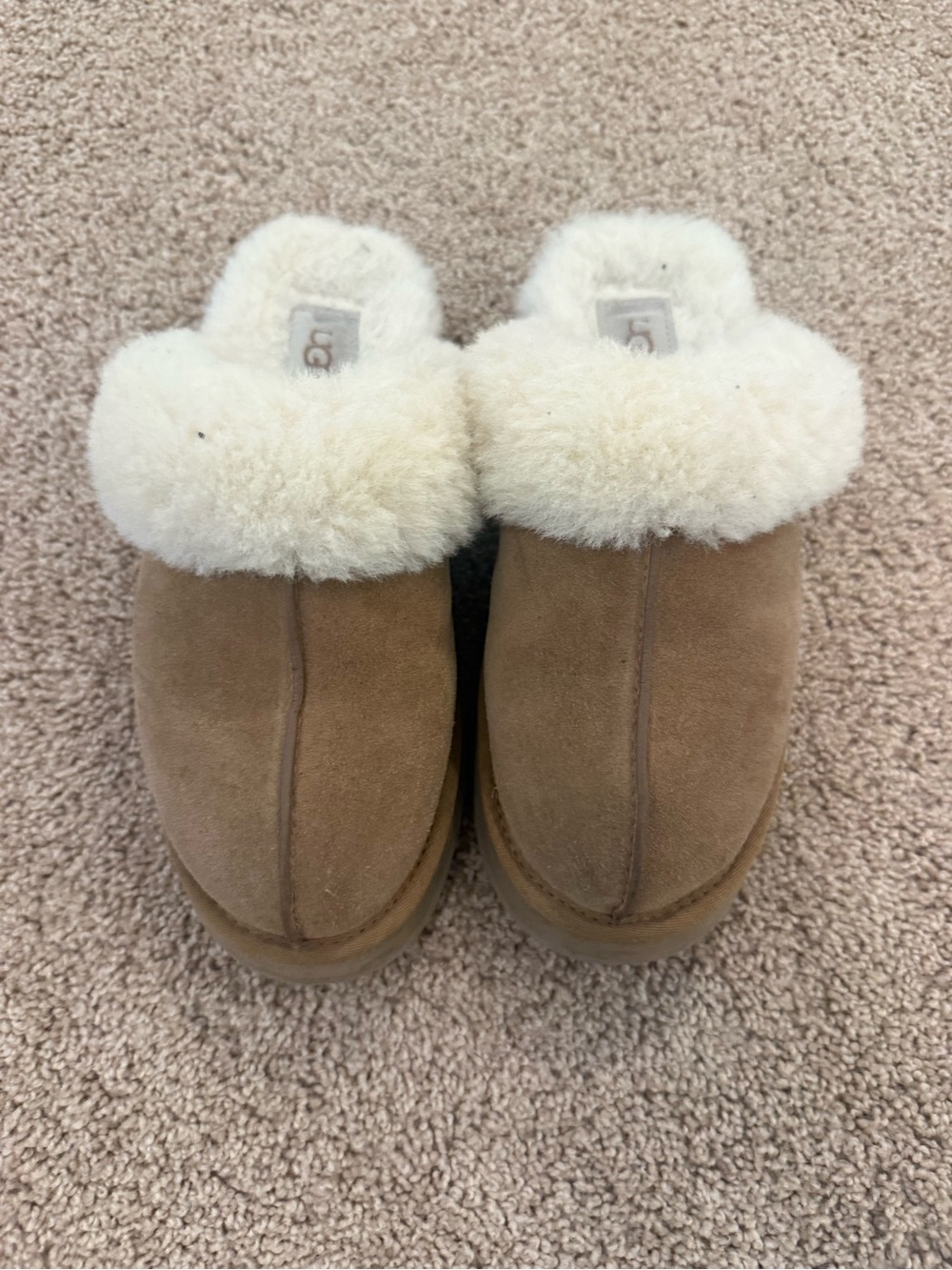 UGG Chestnut Suede Shearling Clog Slippers with Cream Fur Trim